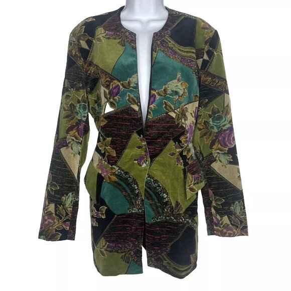 Vintage 80s Bestini Green Black Floral Patchwork Velvet Blazer Jacket - Picture 1 of 8